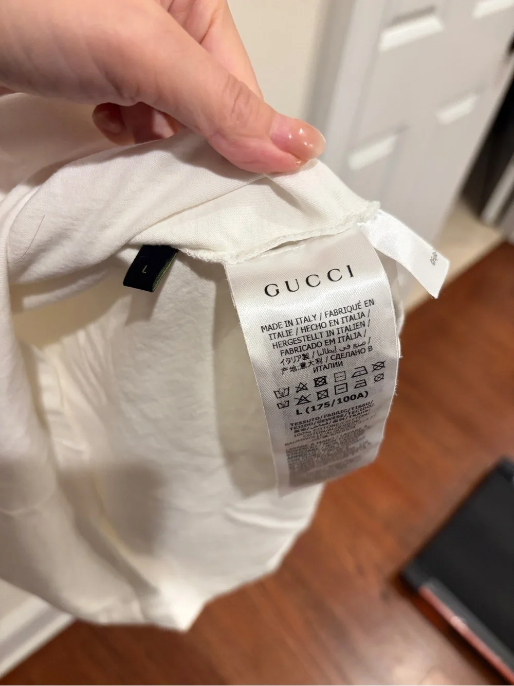 Gucci White Tee with Blue Logo and Doraemon Graphic